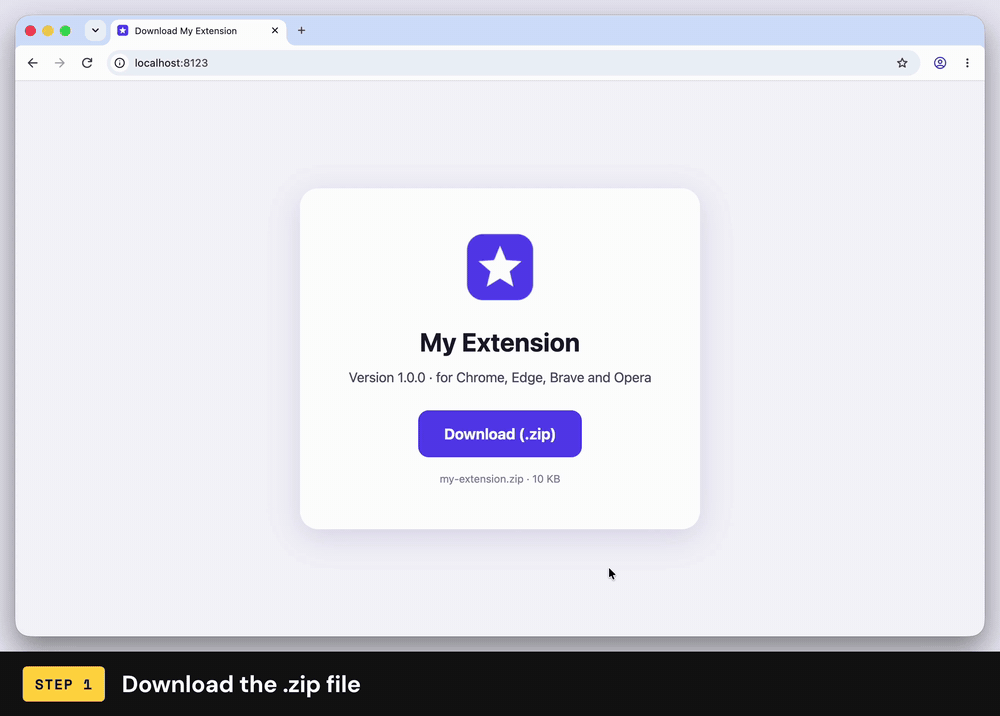 Clicking Download on a web page, and Chrome's download box appearing in the top-right corner with my-extension.zip