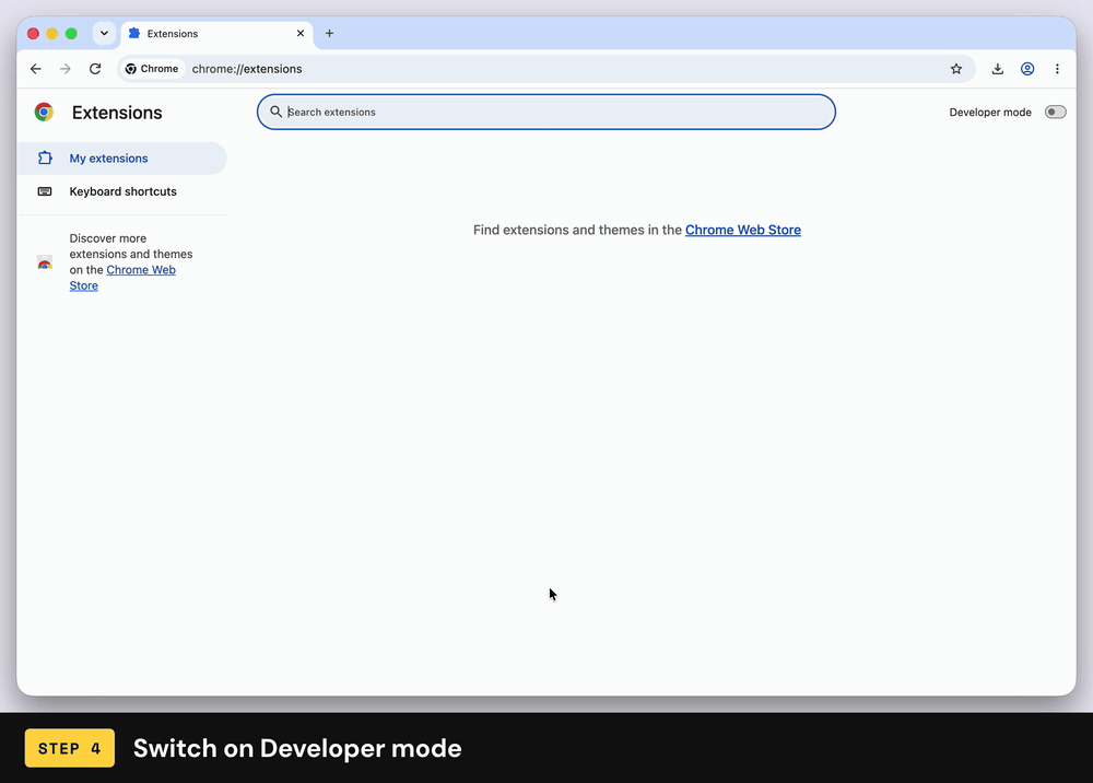 Clicking the Developer mode switch in the top-right of chrome://extensions, which reveals the Load unpacked, Pack extension and Update buttons