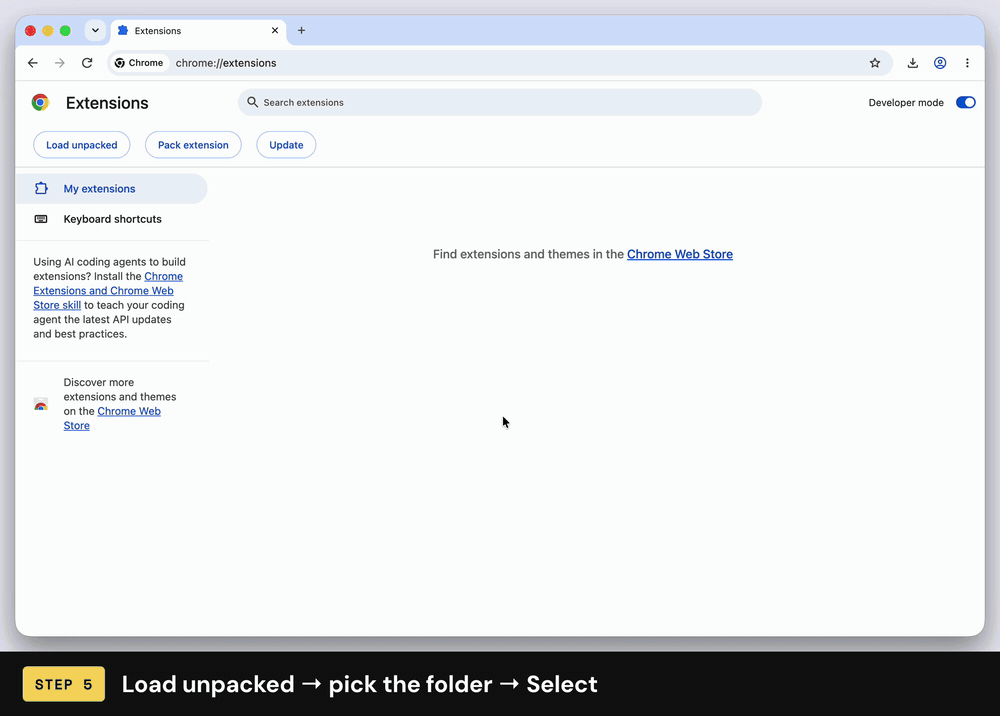 Clicking Load unpacked, selecting the my-extension folder in the file window, clicking Select, and the My Extension card appearing on the Extensions page