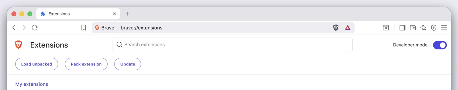 Brave's brave://extensions page with Developer mode switched on and the Load unpacked button in the top-left