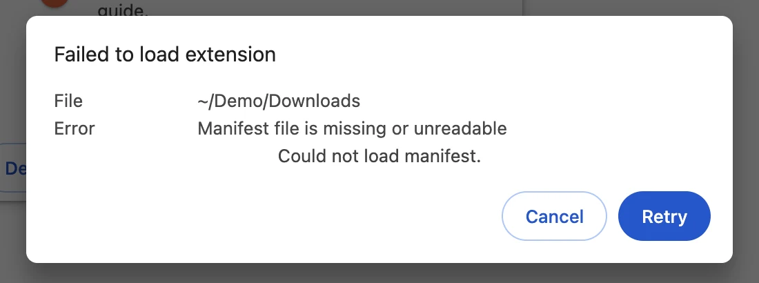 Chrome's Failed to load extension message: Manifest file is missing or unreadable. Could not load manifest.