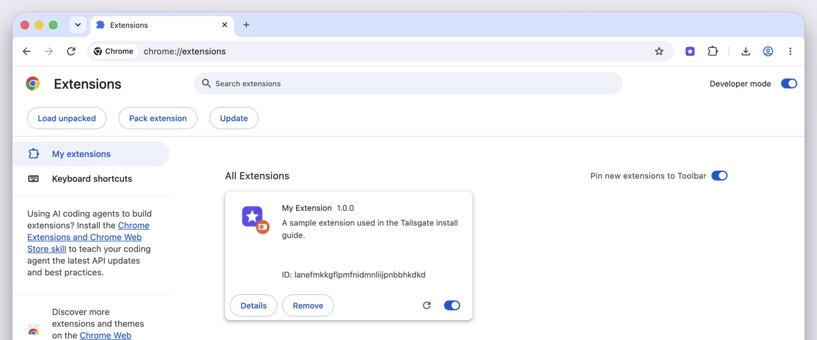 The Chrome Extensions page showing the My Extension card with Details and Remove buttons and its on switch turned on