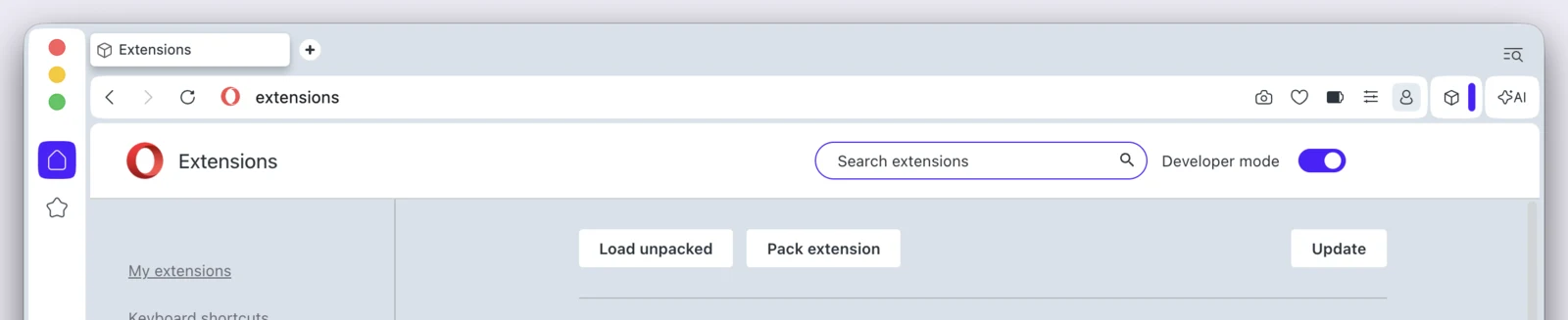 Opera's extensions page with Developer mode switched on next to the search box and the Load unpacked button in the middle