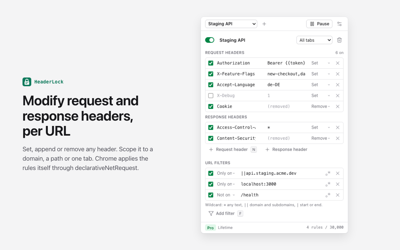 HeaderLock popup with request headers (Authorization, X-Feature-Flags, Cookie removed), response headers (Access-Control-Allow-Origin, Content-Security-Policy removed) and URL filters
