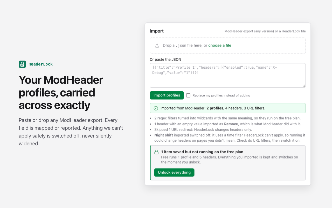 HeaderLock import screen after importing a ModHeader file: 2 profiles, 4 headers, 3 URL filters, with a list of what was converted, skipped or switched off