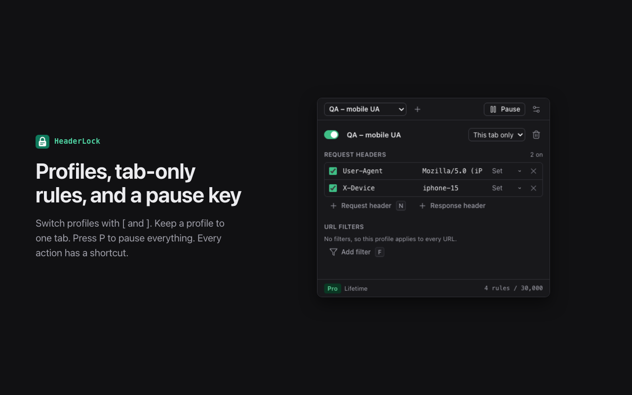 HeaderLock in dark mode with a "QA – mobile UA" profile set to This tab only, overriding User-Agent