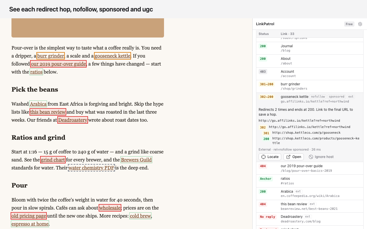 A redirect chain expanded in LinkPatrol: 302, then 301, then 200, with nofollow and sponsored tags