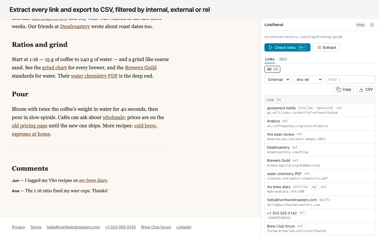LinkPatrol extract view listing every link on the page with filters and a CSV button